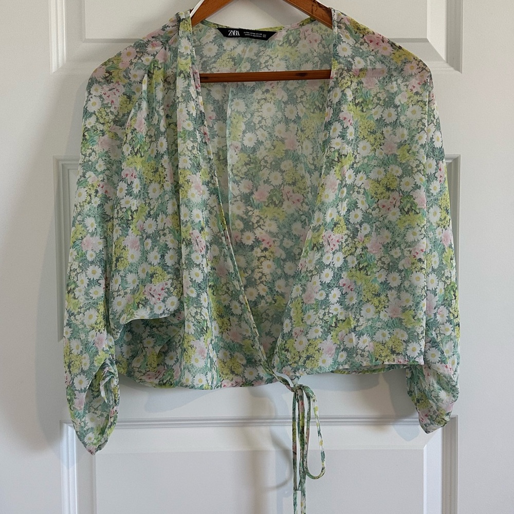 Zara Green Floral Wrap Blouse